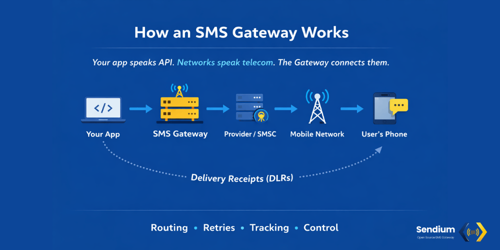 Flowchart titled 'How an SMS Gateway Works' demonstrating the path of a message from an application to a user's phone via an SMS Gateway, Provider/SMSC, and Mobile Network, including a return path for Delivery Receipts (DLRs).
