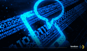 Glowing blue binary code forming the shape of a smartphone and a speech bubble on a dark digital background, featuring the Sendium Open Source SMS Gateway logo in the bottom right.