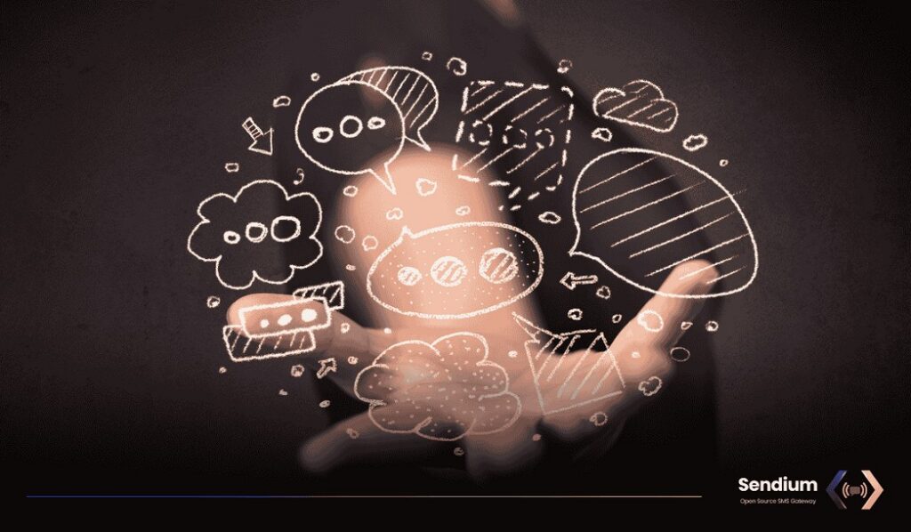 A person's hand extended palm-up, holding a glowing light surrounded by sketched white communication icons like speech bubbles and chat boxes, with the Sendium Open Source SMS Gateway logo in the bottom right corner.