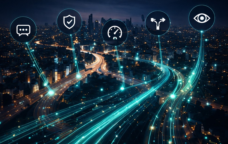 A futuristic nighttime cityscape overlaid with glowing cyan data streams flowing along highway routes. Five connected, circular icons hover above the city representing communication, security, performance, routing, and visibility, illustrating centralized network control and digital monitoring.