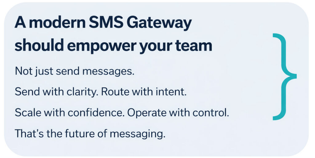 An informational graphic with a light blue background detailing the goals of a modern SMS Gateway. The text emphasizes empowering teams to go beyond basic message delivery by routing with intent, scaling with confidence, and operating with control. A stylized teal closing curly bracket accents the right side of the text block.