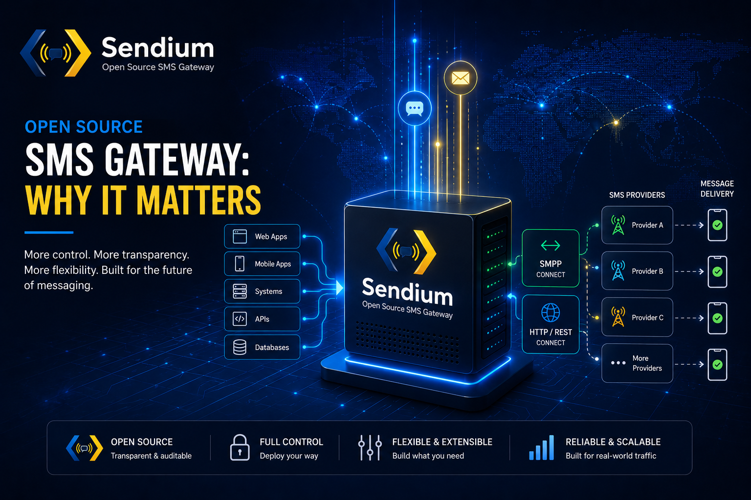 Sendium open-source SMS gateway visual showing apps connected to SMS providers and message delivery.