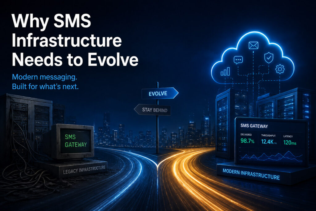 Futuristic SMS infrastructure concept showing legacy messaging systems contrasted with modern cloud-based messaging infrastructure, highlighting the need for SMS infrastructure to evolve.