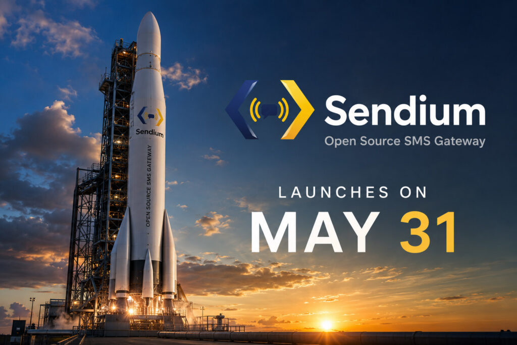 Realistic rocket on a launchpad with Sendium branding, representing the official Sendium launch on May 31.