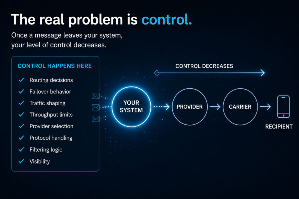 Diagram showing how control decreases as an SMS message moves from your system through a provider and carrier to the recipient, highlighting gateway-level control over routing, failover, traffic shaping, throughput limits, provider selection, protocol handling, filtering logic, and visibility.