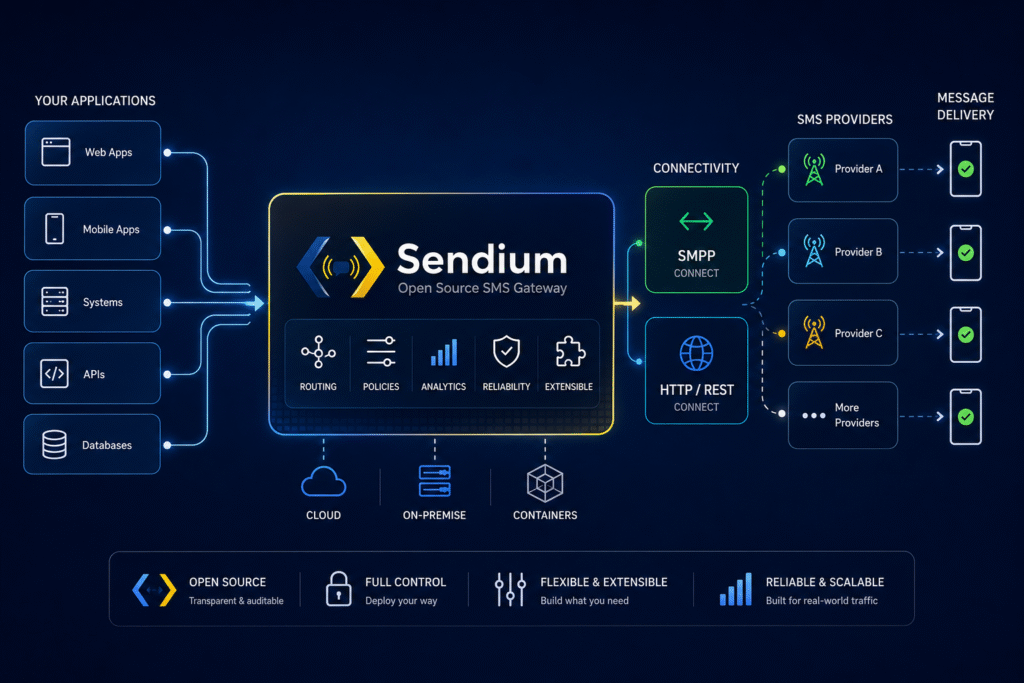 Sendium architecture diagram connecting applications, SMPP and HTTP routes, providers and message delivery.