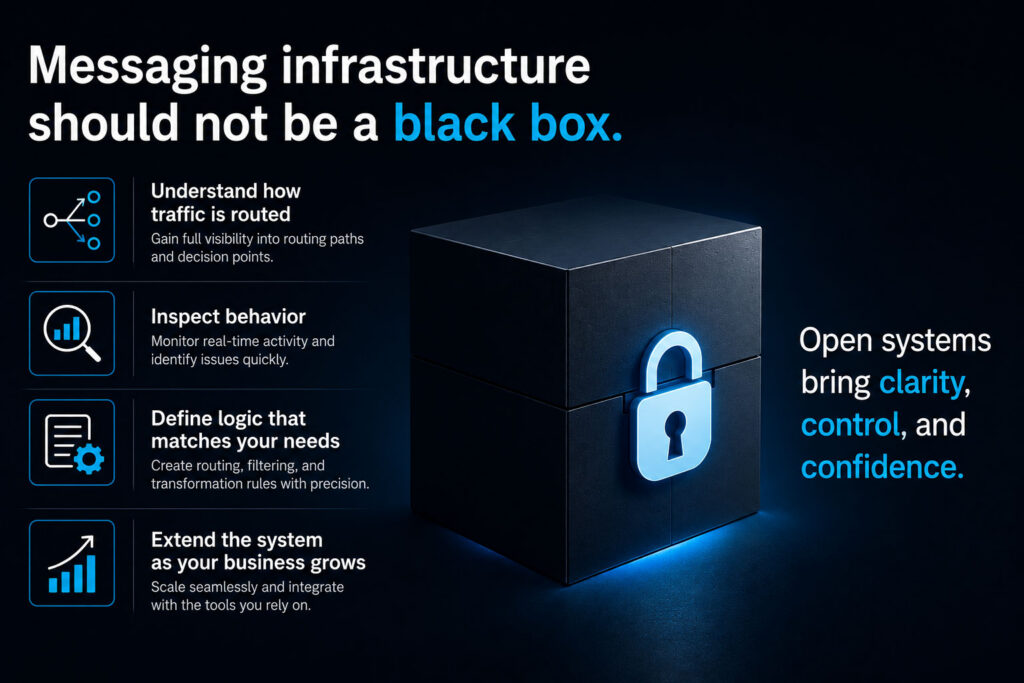 Messaging infrastructure should not be a black box, with clear icons for routing visibility, behavior inspection, custom logic, scalability, and an open lock symbol representing clarity, control, and confidence.