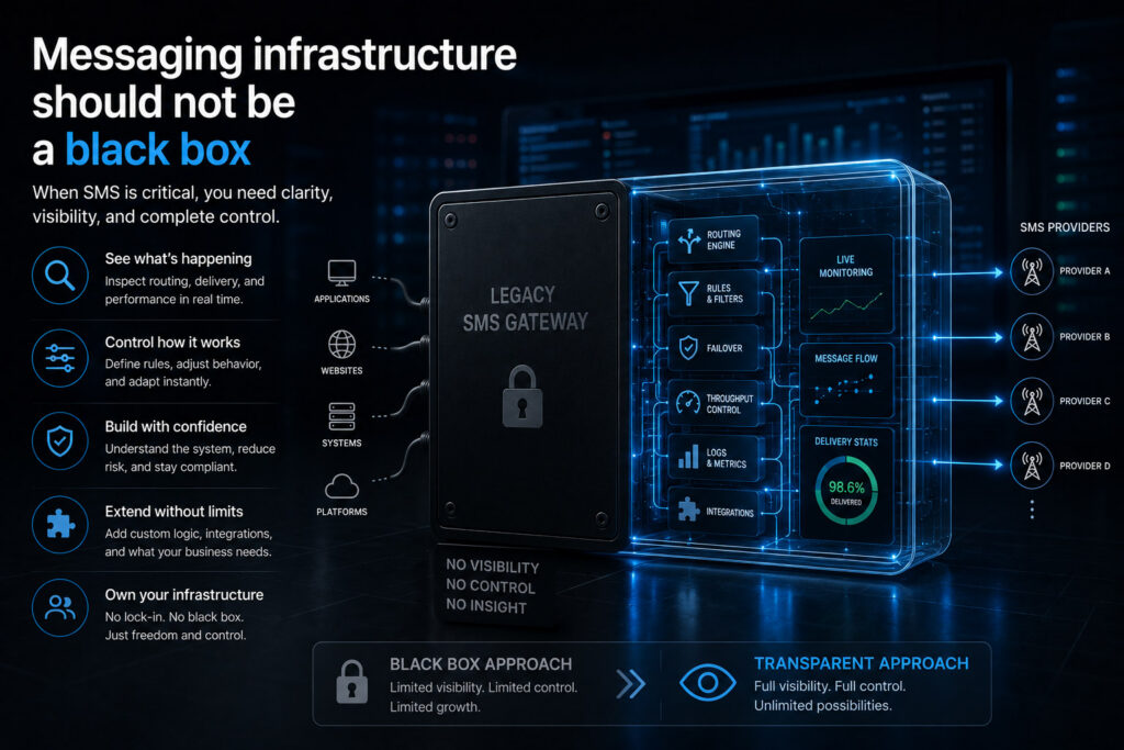 Transparent SMS gateway infrastructure concept showing visibility, routing control, live monitoring, rules, failover, logs, metrics, integrations, and SMS provider connections.