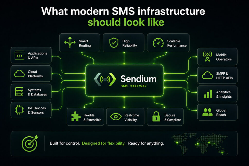 Modern SMS infrastructure diagram showing Sendium as a central SMS gateway connecting applications, APIs, cloud platforms, systems, databases, IoT devices, providers, analytics, and global messaging services.