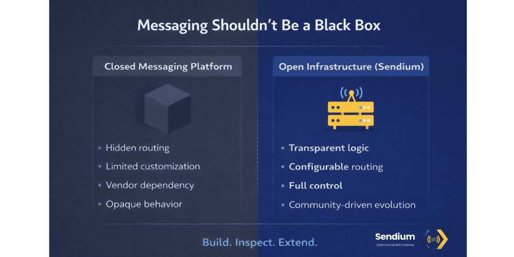 Infographic titled "Messaging Shouldn't Be a Black Box" comparing a "Closed Messaging Platform" (represented by a dark cube) to "Open Infrastructure (Sendium)" (represented by a yellow server rack).