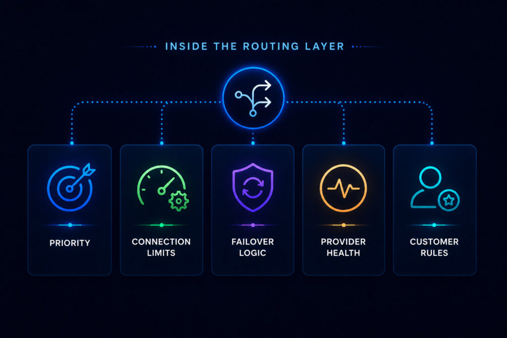 Dark infographic showing the key decision factors inside an SMS routing layer, including priority, connection limits, failover logic, provider health, and customer rules.