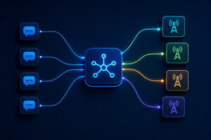 Visual diagram of SMS traffic being routed through a central control layer to multiple delivery routes and telecom providers.