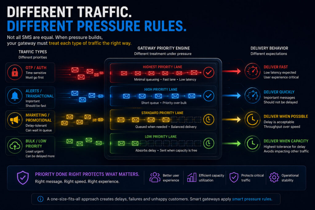 Infographic showing different SMS traffic types being handled through separate priority lanes under gateway traffic pressure.