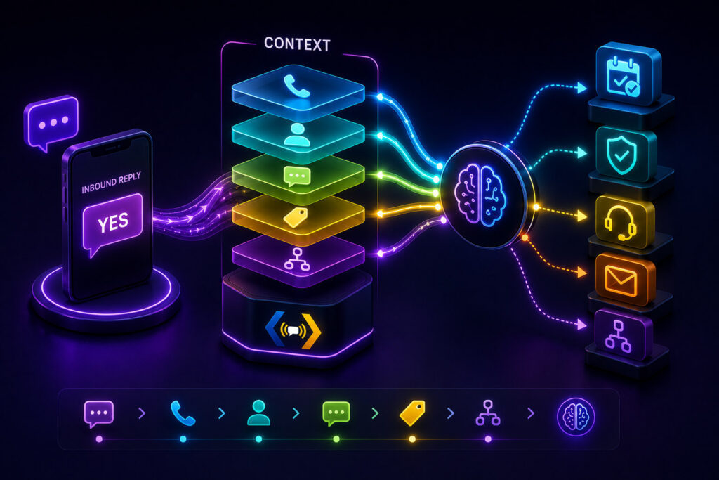 Visual showing an inbound SMS reply passing through context layers inside an SMS gateway before being forwarded toward the correct application action.