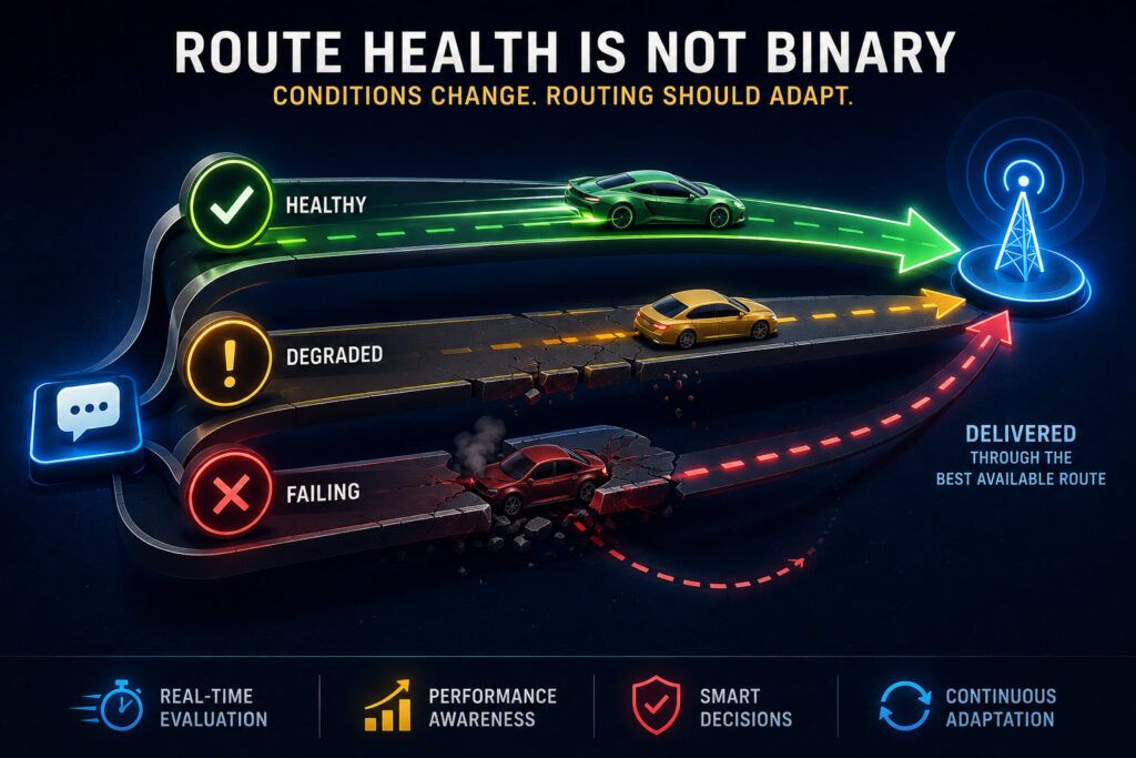 Visual showing healthy, degraded and failing SMS routes to illustrate that route health can change before a complete failure.