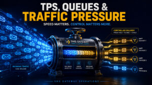 Visual showing high-volume SMS traffic entering a gateway, being controlled through queues and TPS limits, and leaving as regulated streams toward SMPP providers.