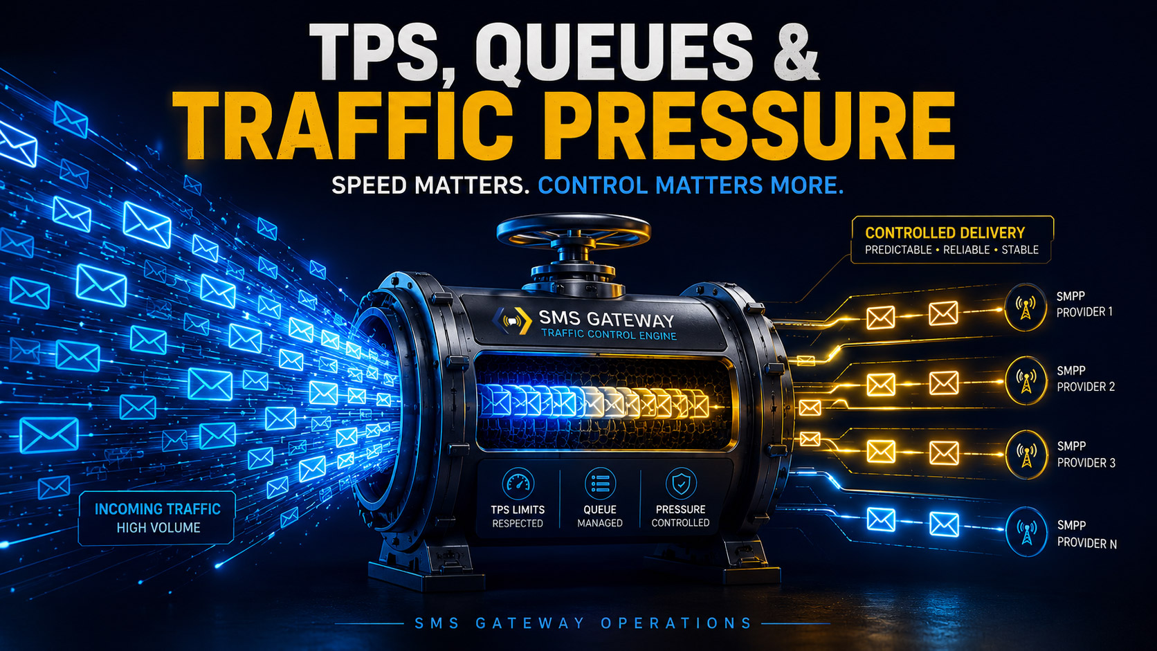 Visual showing high-volume SMS traffic entering a gateway, being controlled through queues and TPS limits, and leaving as regulated streams toward SMPP providers.
