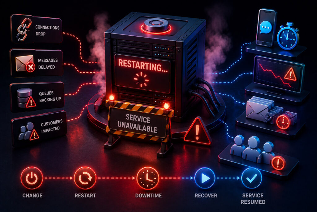 3D visual showing that some SMS gateway configuration changes require a restart while others can be safely applied live with validation and checks.
