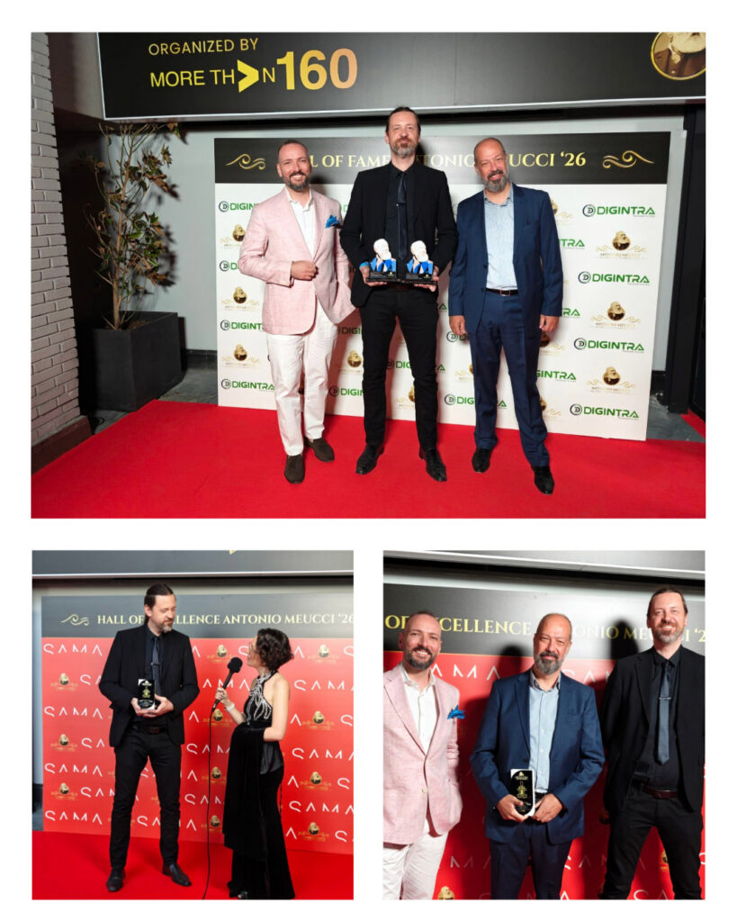 Vagelis Antoniadis, Manos Alefragkis and Dimitrios Petrakis holding Sendium’s two High-Distinction Awards at the Antonio Meucci Global Telco Awards 2026